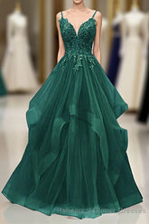 A-Line Tulle With Lace Applique Straps Long Party Dress, Green Tulle Semi Formal Prom Dress